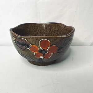 Vintage Stoneware Clay Made In Japan Pottery Glazed Bowl orange Flower